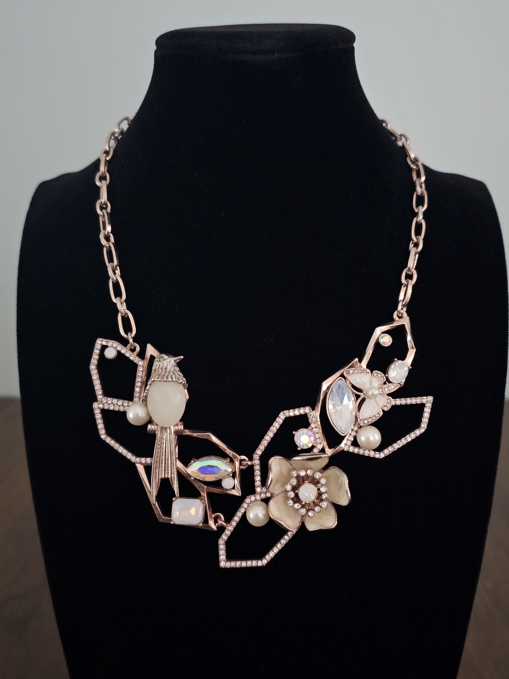 Betsey Johnson Floral Statement Necklace w Pearl Crystal Bird & Butterfly Accent